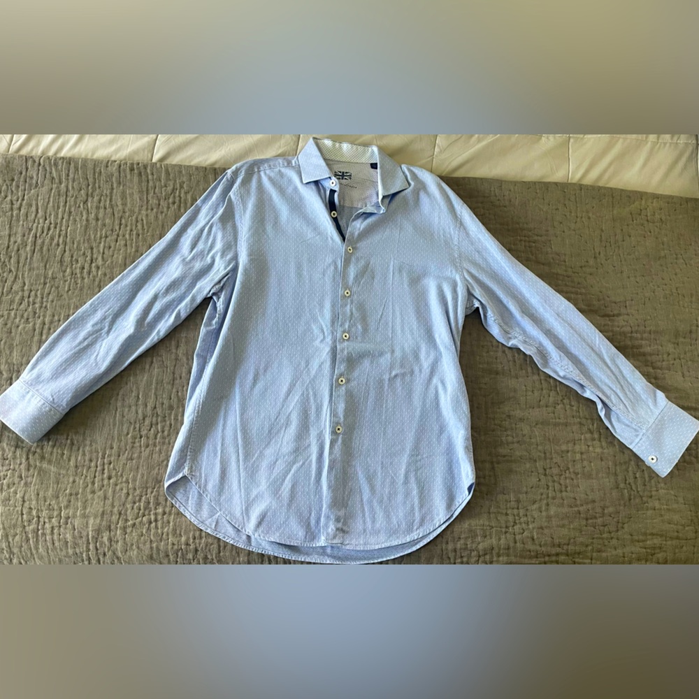 Michelsons London Men's Light Blue Button Down Shirt White Dot Cotton Sz Medium